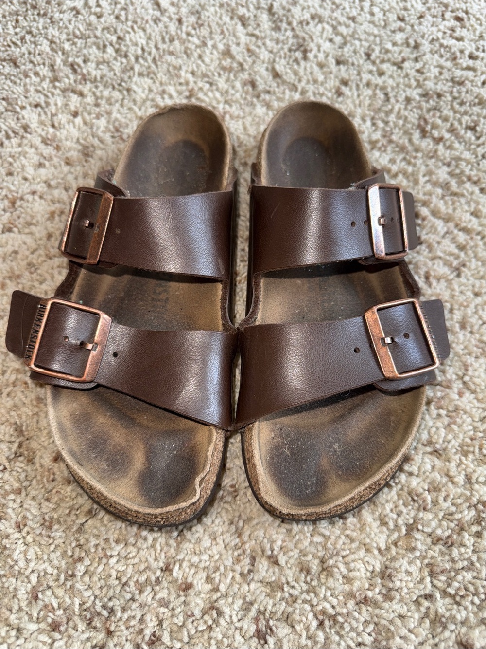 Birkenstock Brown Two-Strap Leather Slide Sandals with Copper Buckles